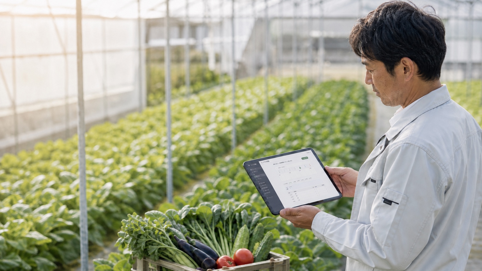 ハウス内でタブレットの栽培記録を確認する生産者