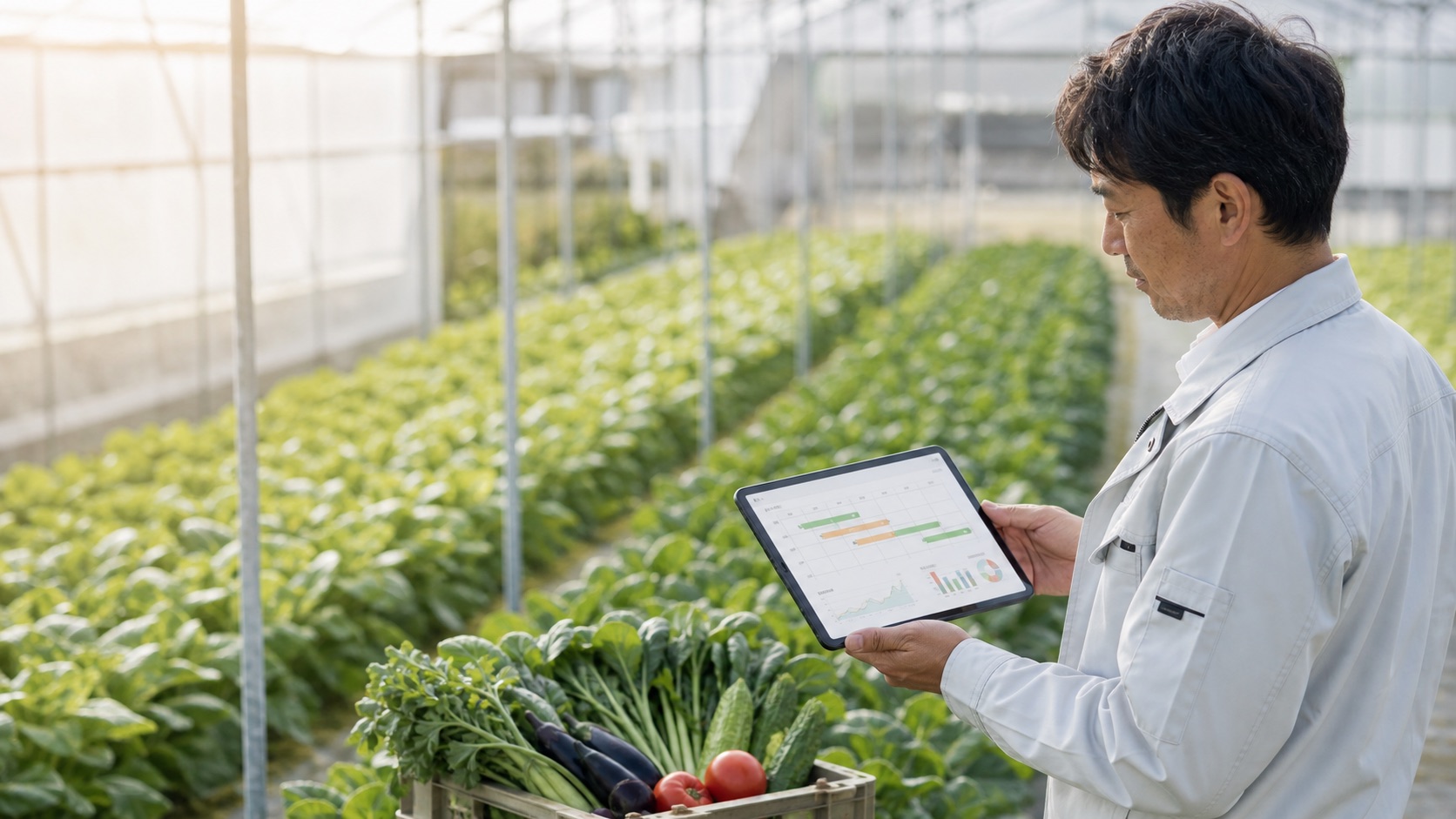 ハウス内でタブレットの栽培記録を確認する生産者