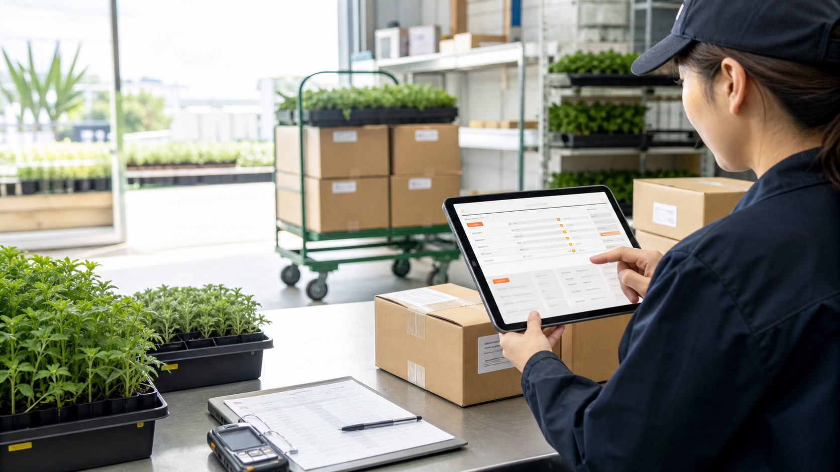 苗の出荷準備をしながらタブレットで受注と出荷を確認する様子