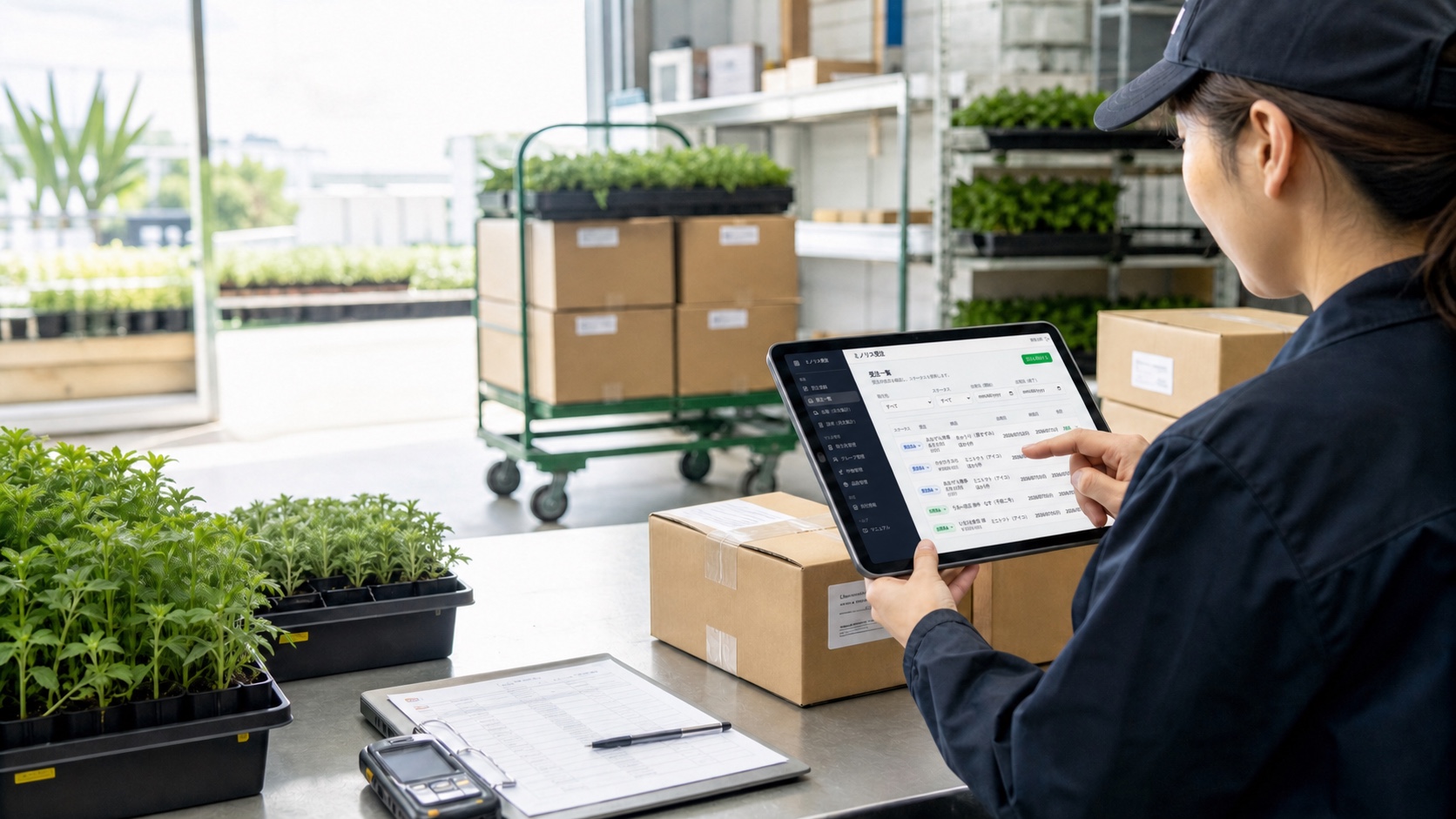 苗の出荷準備をしながらタブレットで受注と出荷を確認する様子