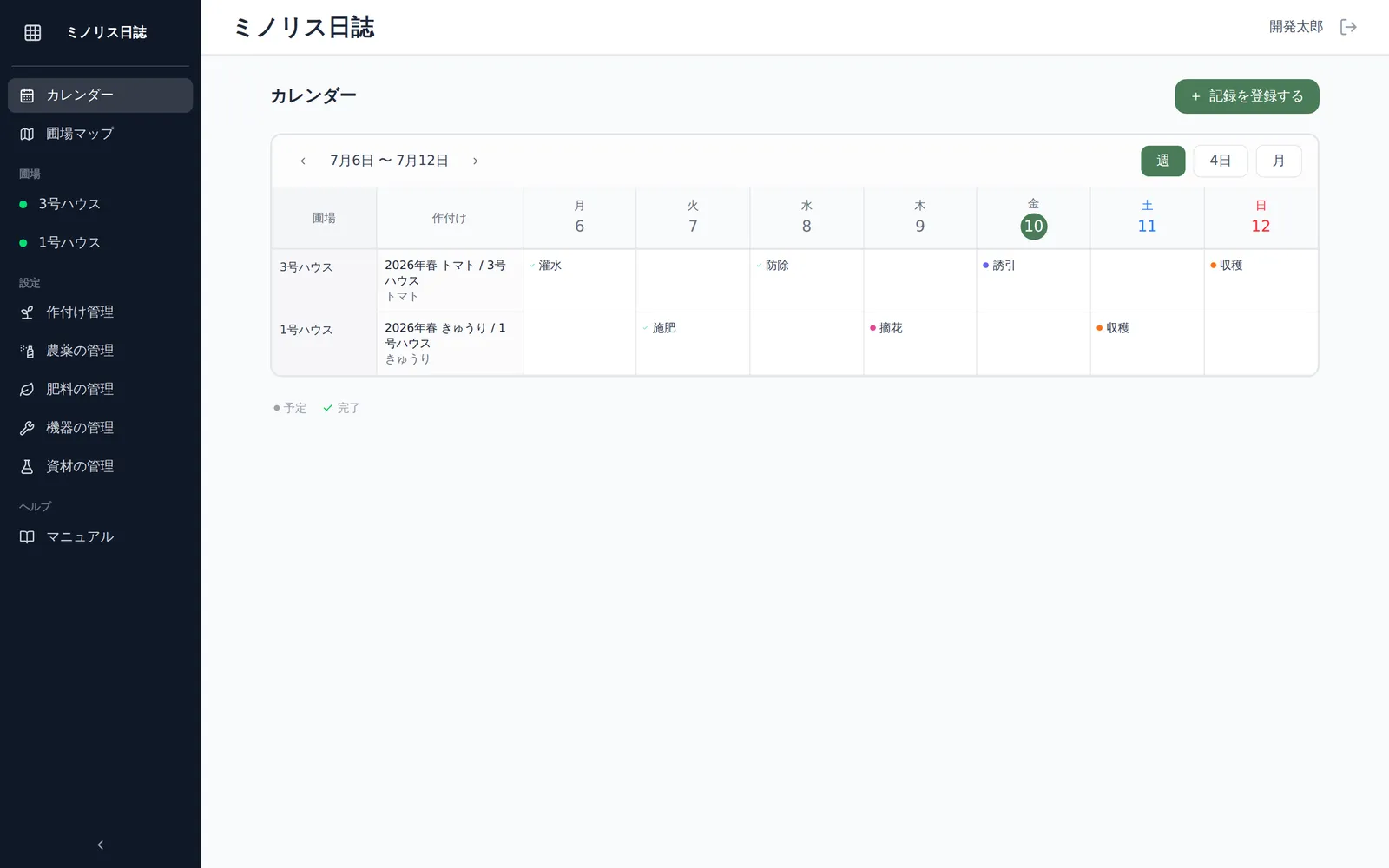 週表示カレンダー画面。圃場・作付けの行と日付の列に、予定と完了のマークが並ぶ