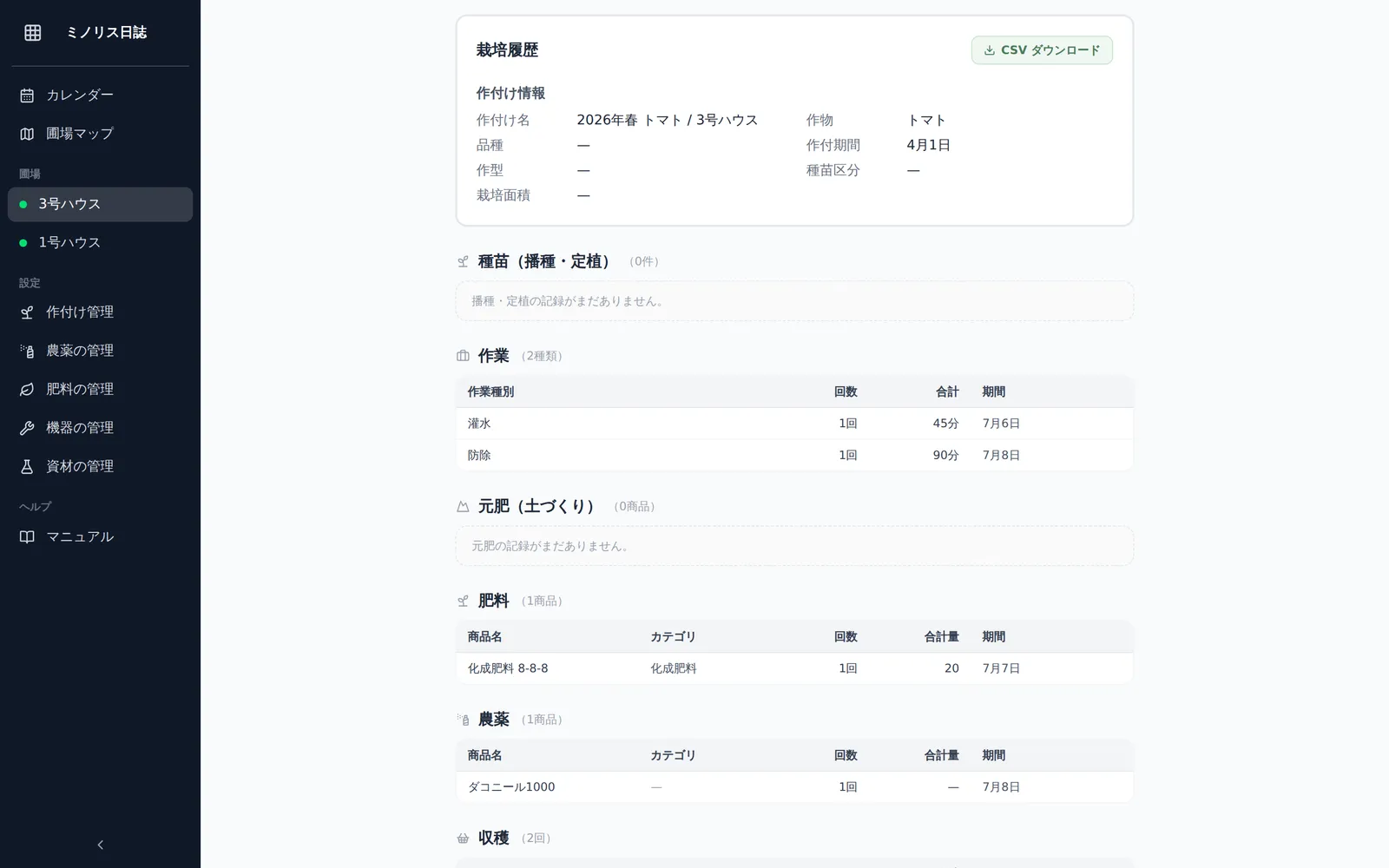 栽培履歴タブ画面。取引先提出用のまとめ表示と「CSVダウンロード」ボタン