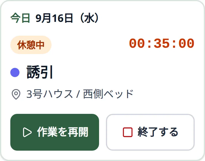スマートフォンの作業ボード上部が休憩中の状態。オレンジ色の「休憩中」、経過時間、「作業を再開」「終了する」が見える状態