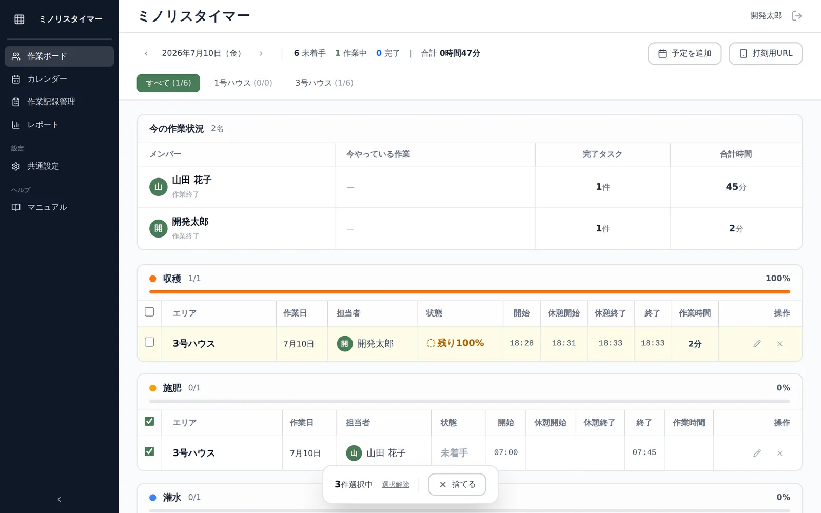 タスク一覧で複数行のチェックボックスが選択された状態。画面下部に「3件選択中」のようなバーと「捨てる」ボタンが表示されている状態